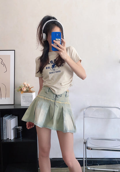 Y2K Retro Tint Denim Light Blue with Black Ribbons Short Skirt