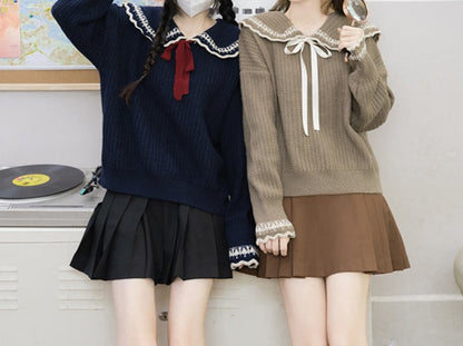 White Navy Brown Sailor Collar Bow Autumn Winter Sweater