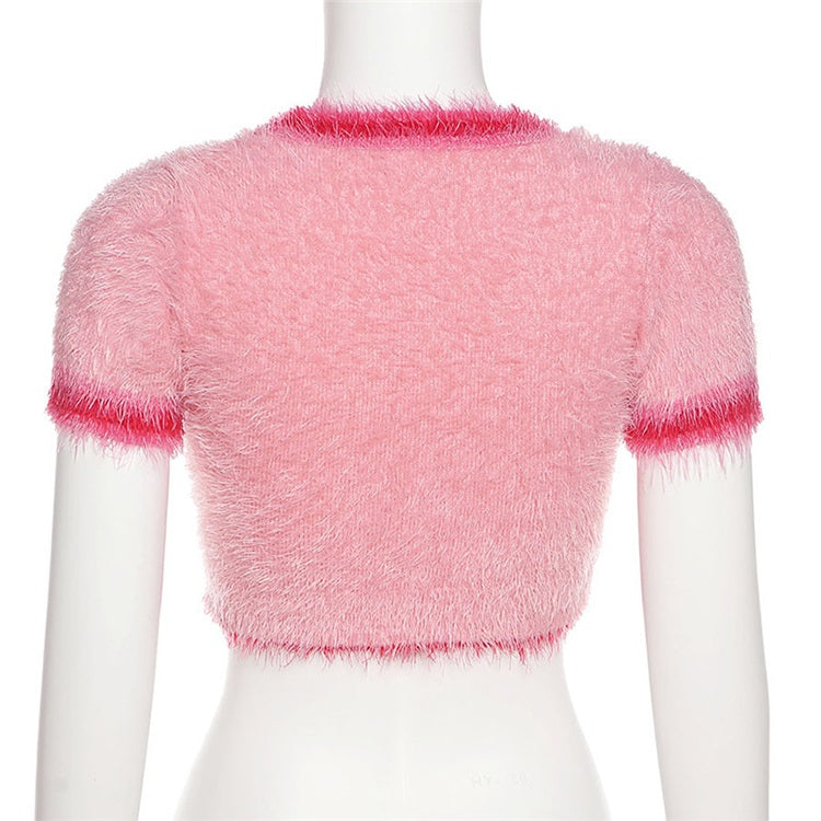 Sexy Cherry Fluffy Hot Pink Round Neck Top