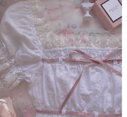 Angel Kiss Lace Pink Ribbon White Top Blouse & Bow Denim Shorts Two Piece Set