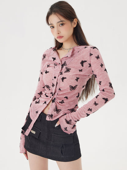 Y2K Butterfly Pink Black Pattern Top Shirt