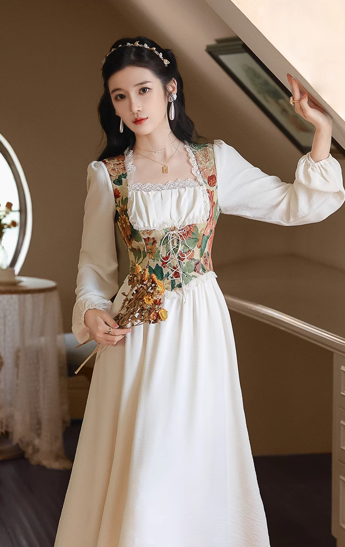 Vintage Glow Rococo Retro Cottagecore Floral Print Lace Corset Square Collar White Long Dress