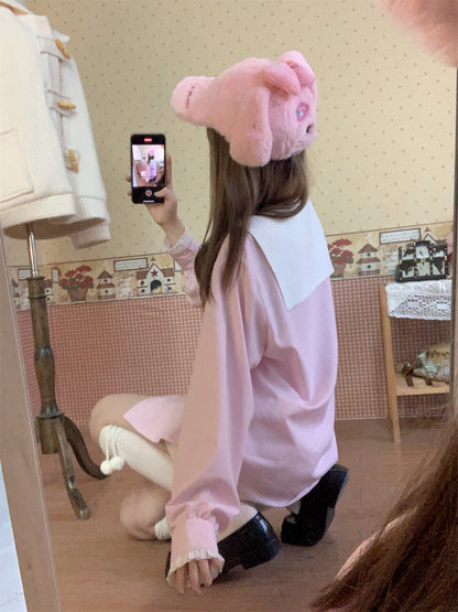 Cute Soft Pastel Pink Sailor Collar Long Sleeve T-Shirt Top