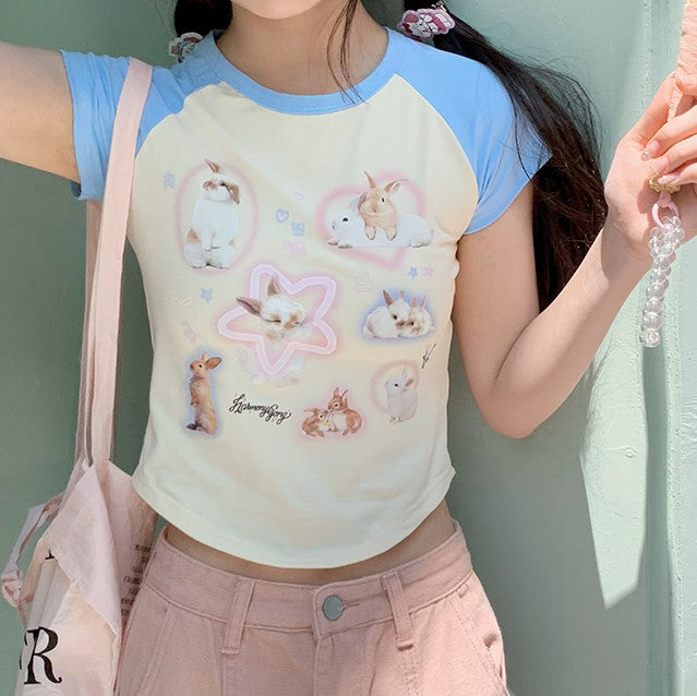 Cute Rabbit Raglan Black Pink Blue Cream Y2K Short Sleeve T Shirt Top