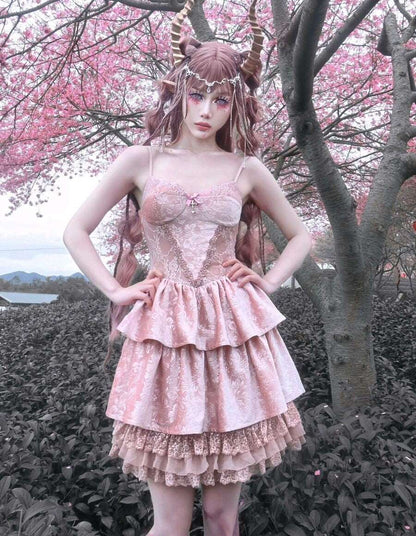 Blood Supply Guardian of Sakura Tress Gothic Lace Velvet Pink Cake Short Dress