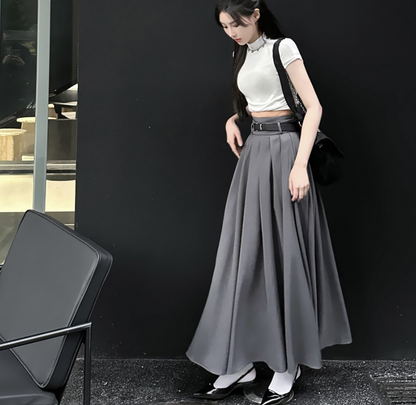 Summer High Waist Pleated A-line Long Gray Grey Pink Skirt