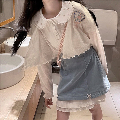 Pretty Light Blue White Bow Lace Decorated Short Skirt