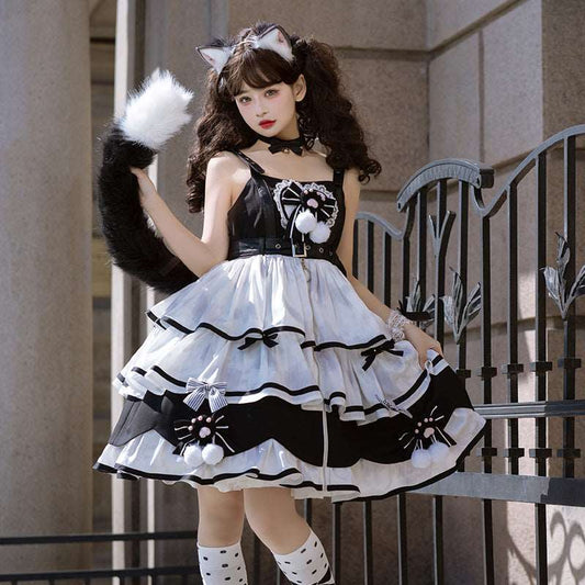 Gothic Black & White Neko Cat Paw Maid Outfit Strap Dress Belt Collar Set