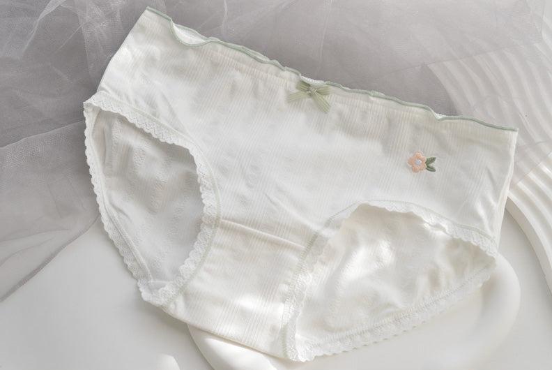 Tulip Flowers White Pink Green Lining Sweet Cotton 5 Panties Underwear Set