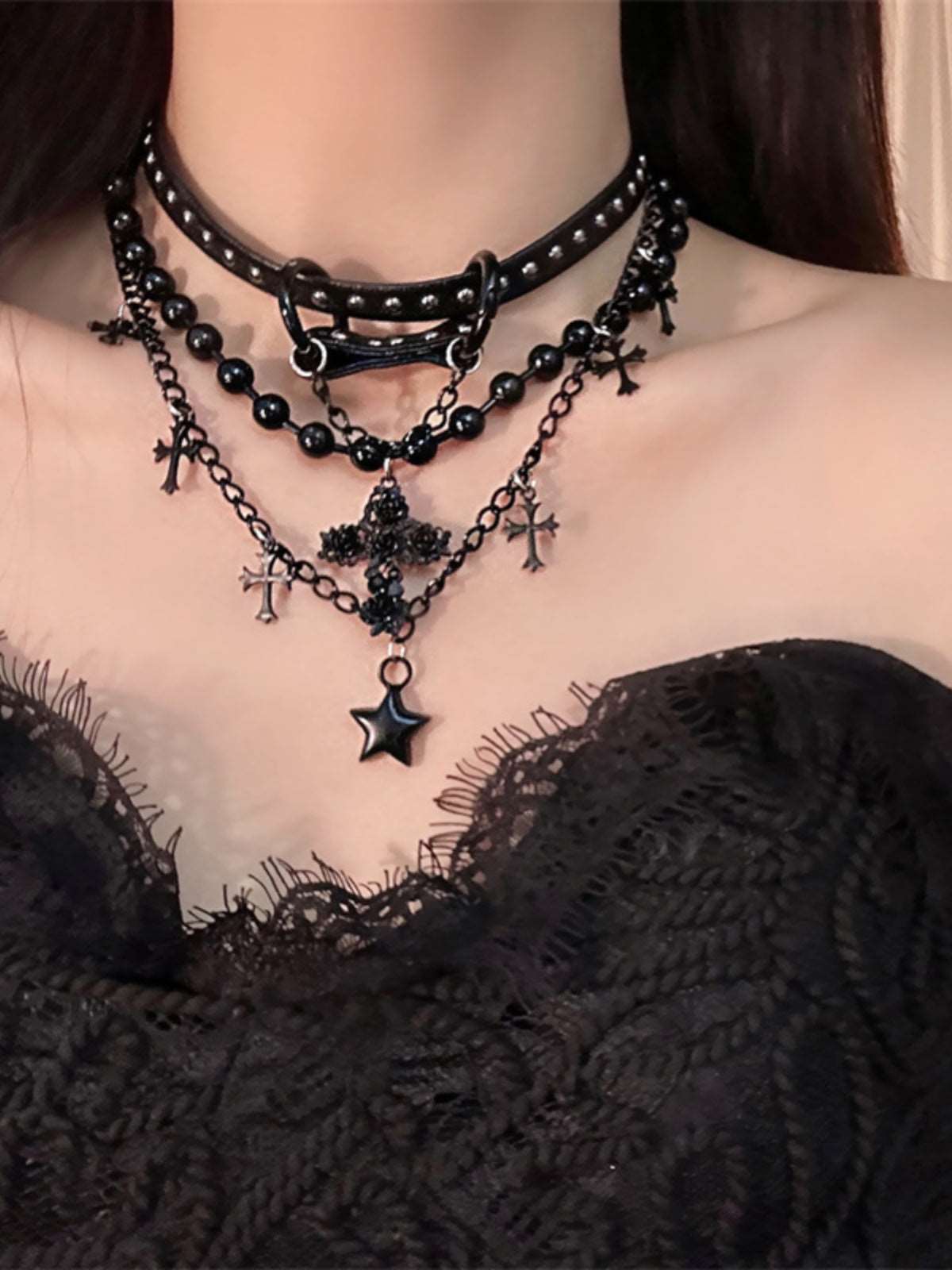 Black Gothic EGL Cross Star Double Layer Beaded Leather Necklace