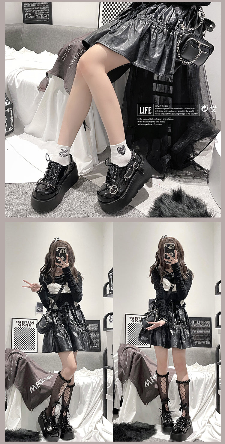 Transfer Student Punk Rock Gothic Black & White Platform Wedges Shoes