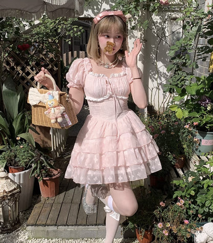 Picnic Girl Tea Party Princess Pink Sweet Bow Puff Sleeve Chiffon Dress