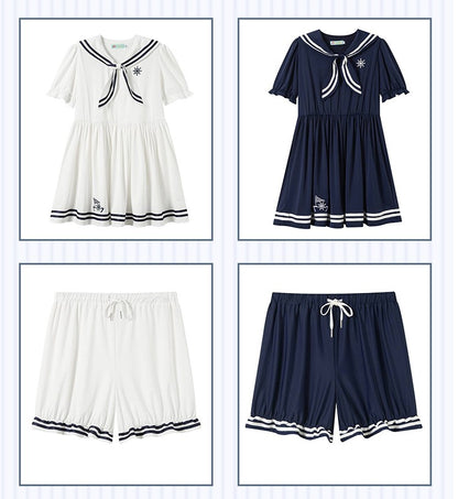 Plus Size Sailor Collar White Navy Blue Summer Dress Shorts Two Piece Set