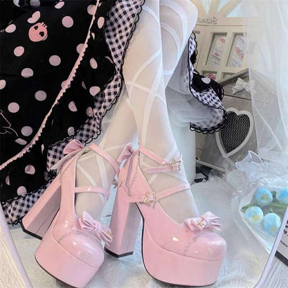 Japanese Girl Star Bow Classic Fashion Women Platform Bow High Heels Shoes