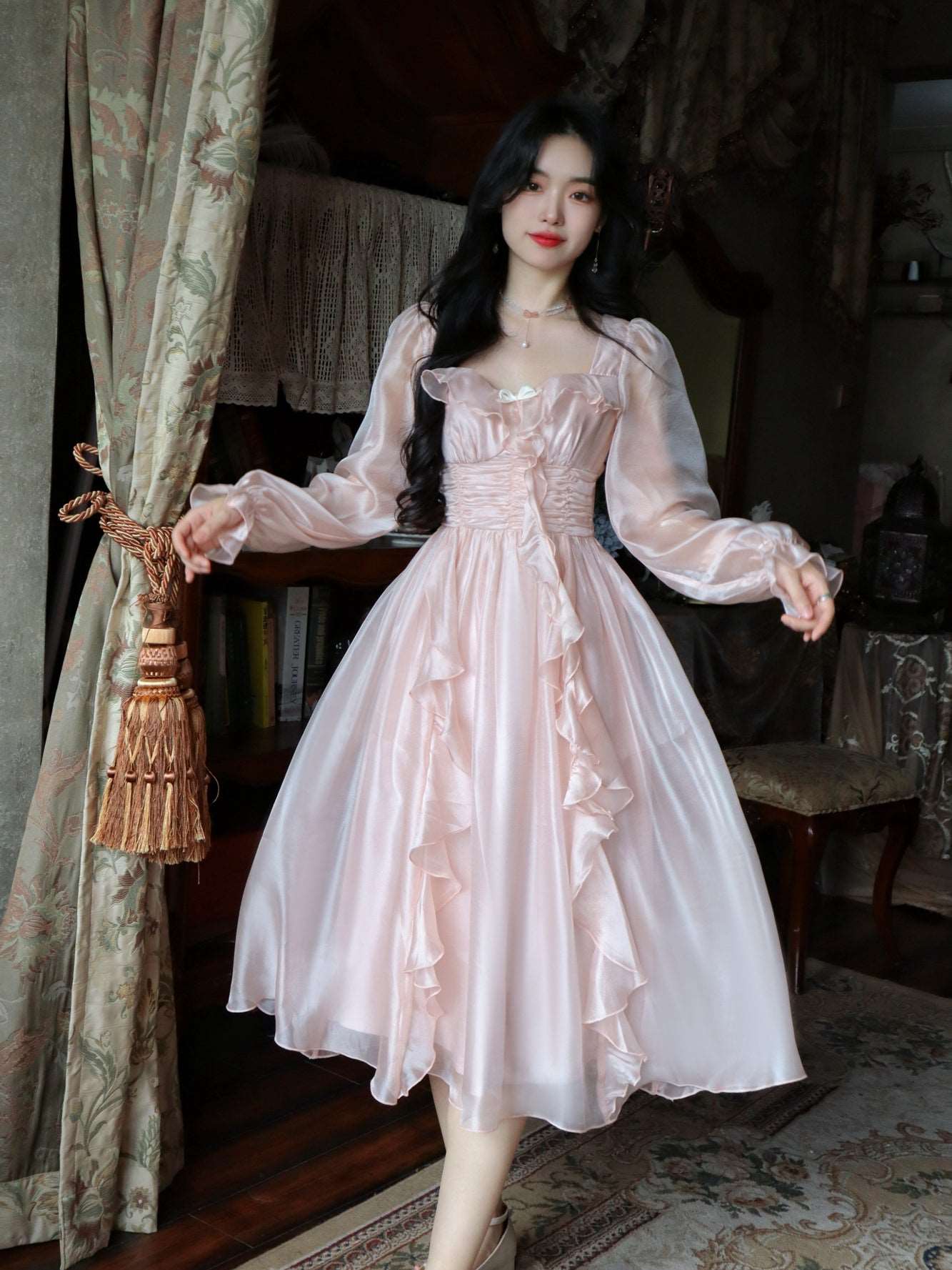 French European Women Girl Fashion Style Elegant Luxury Spring Autumn Winter Ruffled Flower Floral Princess Fairytale Transparent Long Pink Dress