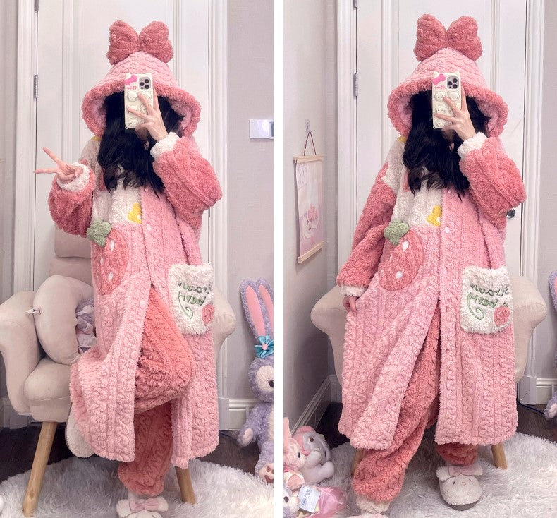 Strawberry Pink Thick Winter Pajamas Hooded Bathrobe & Pants Set