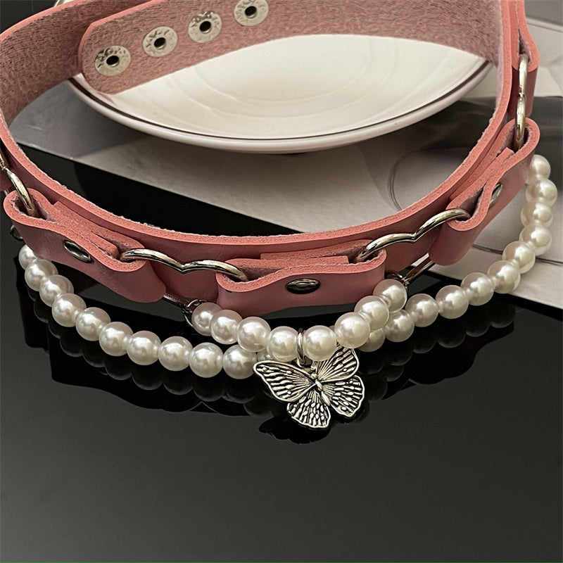 Butterfly Pearl Pink PU Leather Choker Necklace