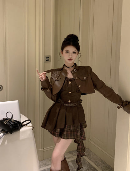 Fall Autumn Retro Grunge Industrial Brown Plaid Leather Jacket Dress Two Piece Set