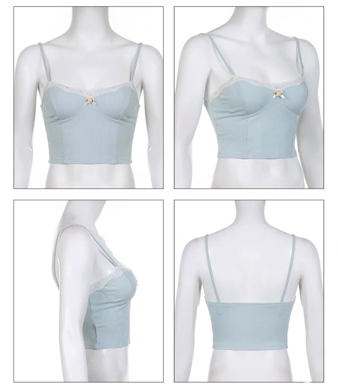 Coquette Lace Vintage Flower Rose Milk Blue Top Camisole