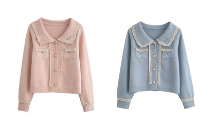 Flower Girl Embroidery Soft Blue Pink Cardigan
