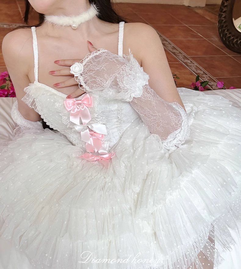 Diamond Sweetheart Pure White Swan Angel Pink Bow Coquette Princess Tulle Balletcore Strap Dress