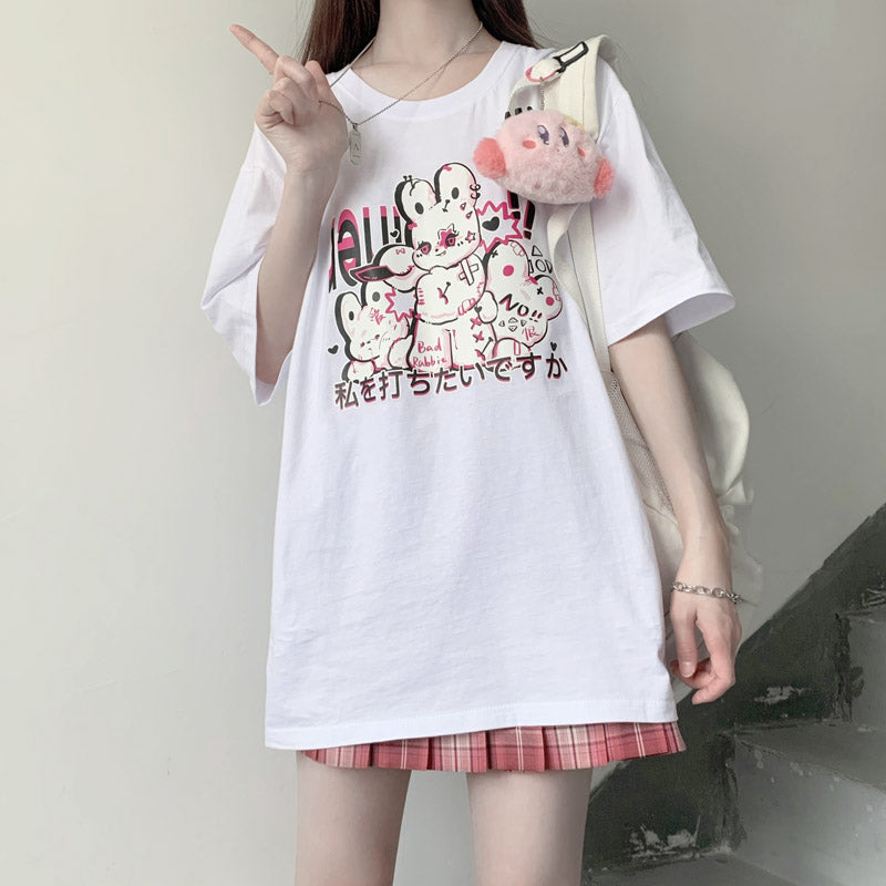 Don't Hit the Bunny Rabbit Black White Print Cotton Short Sleeved Oversize T-shirt