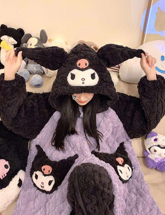 Black & Purple Kuromi Cute Cartoon Women Girl Thick Plush Coral Fleece Warm Winter Pajamas Sleepwear Hooded Nightgown Coat & Pants Two Piece Set