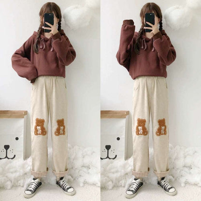 Spring Autumn Winter Bear Teddy Embroidery Wide Leg Trouser Pants