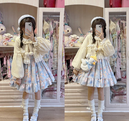 Pink & Cream Cute Kawaii Princess Bow Ruffled Plush Jacket