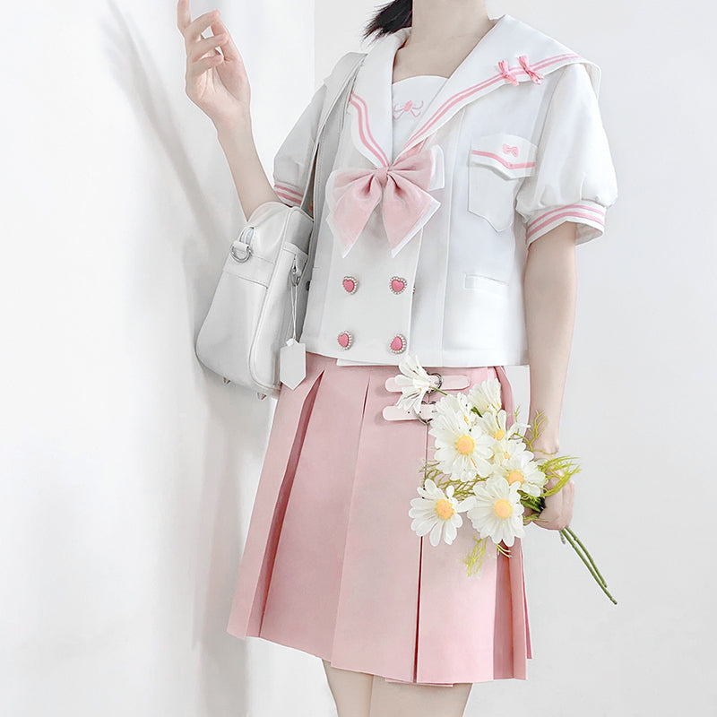 Japanese School Girl Cosplay Sailor Uniform Sakura Pink White Top & Skirt Two Piece Set