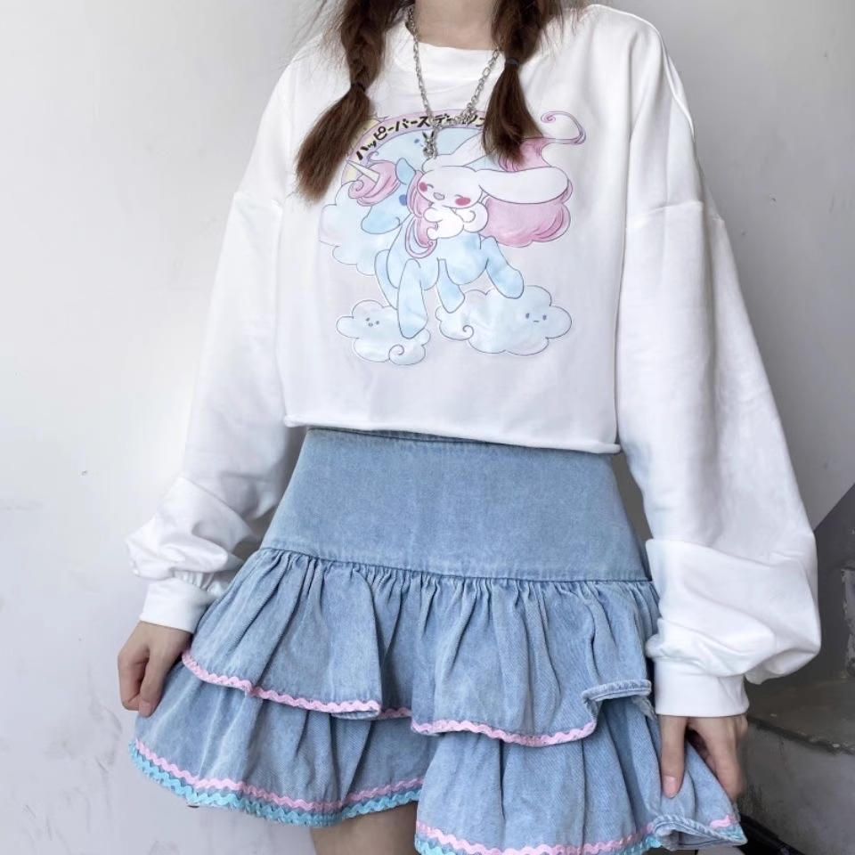 Y2K Sweet Cute Pink & Blue Rim Blue Denim Layered Mini Skirt ...