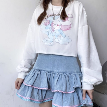 Y2K Sweet Cute Pink & Blue Rim Blue Denim Layered Mini Skirt