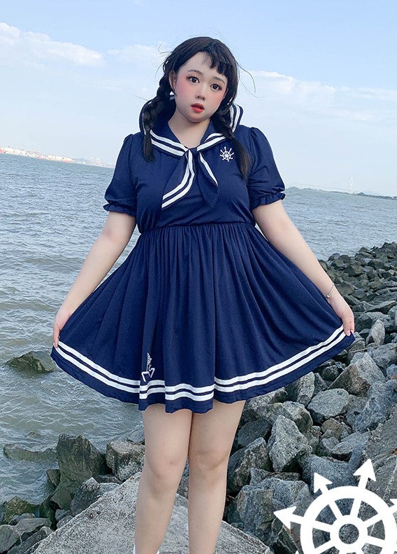 Plus Size Sailor Collar White Navy Blue Summer Dress Shorts Two Piece Set