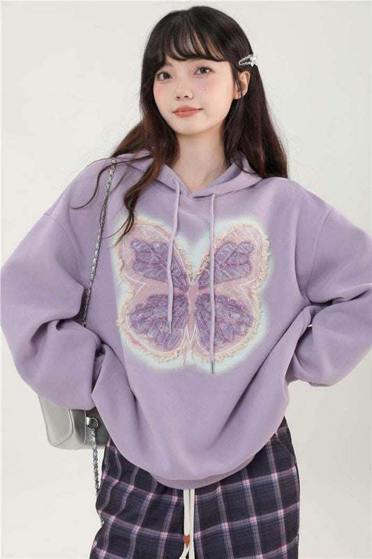 Autumn Winter Butterfly Purple Oversize Sweatshirt Hoodie