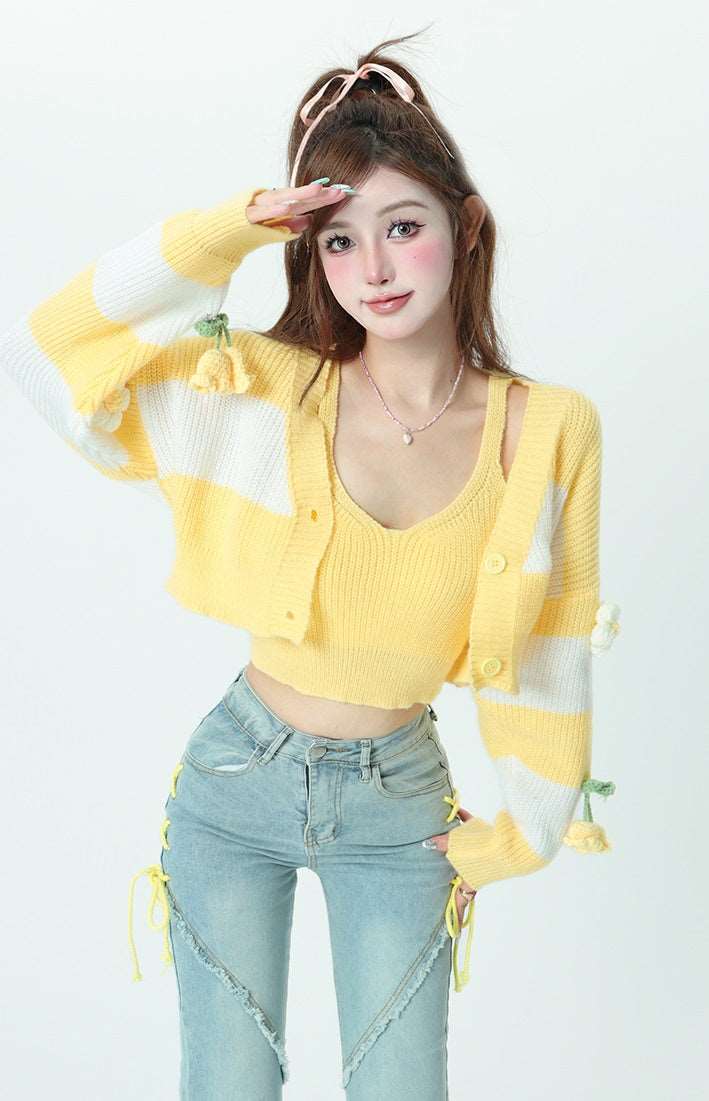 Bubblegum Bumblebee Yellow Flower Vest Sweater Cardigan Two Piece Set