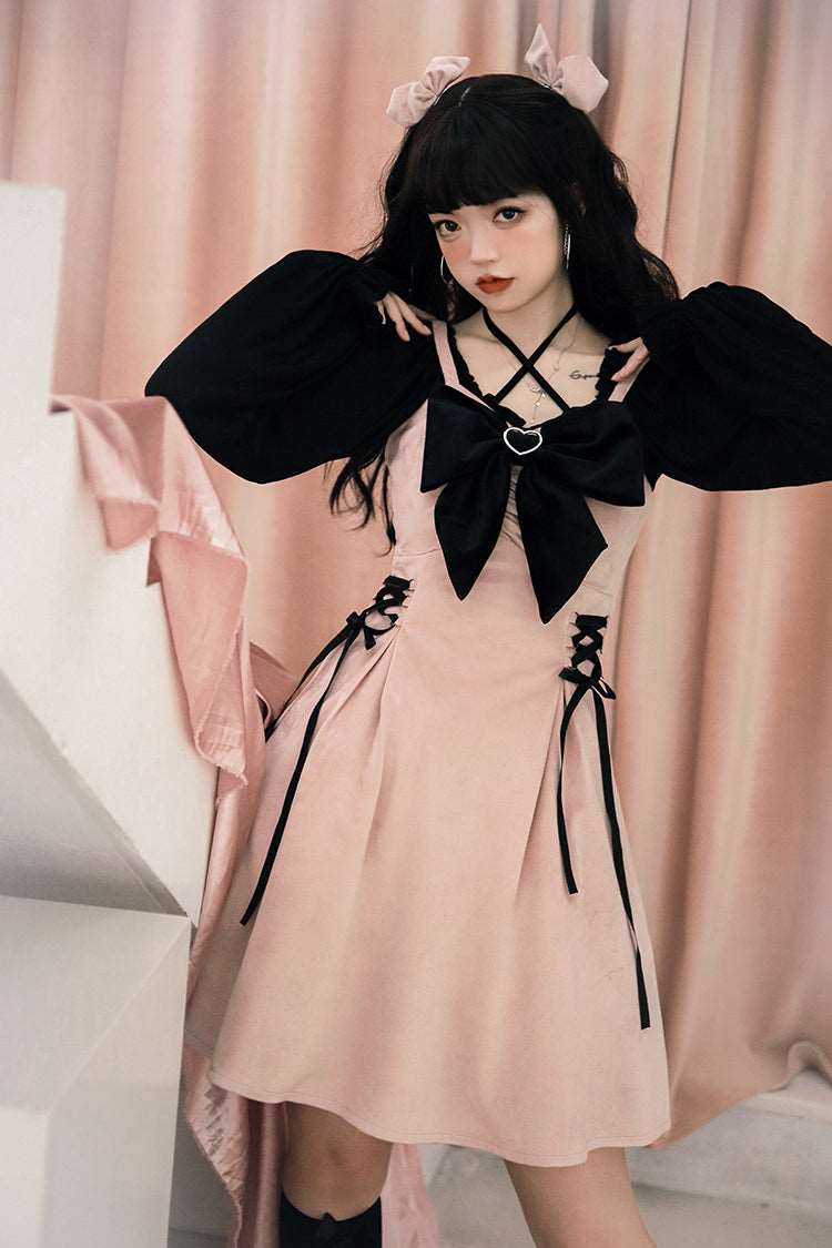 Bow Pretty Girl Black Pink Velvet Strap Skirt Dress