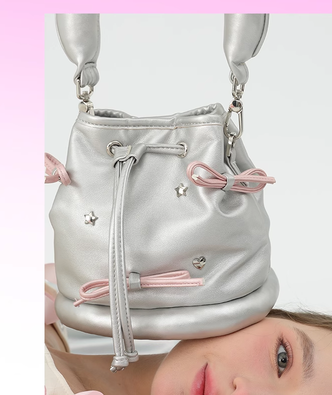 Y2K Girl Star Silver Pink Balletcore Bucket One Shoulder Bag