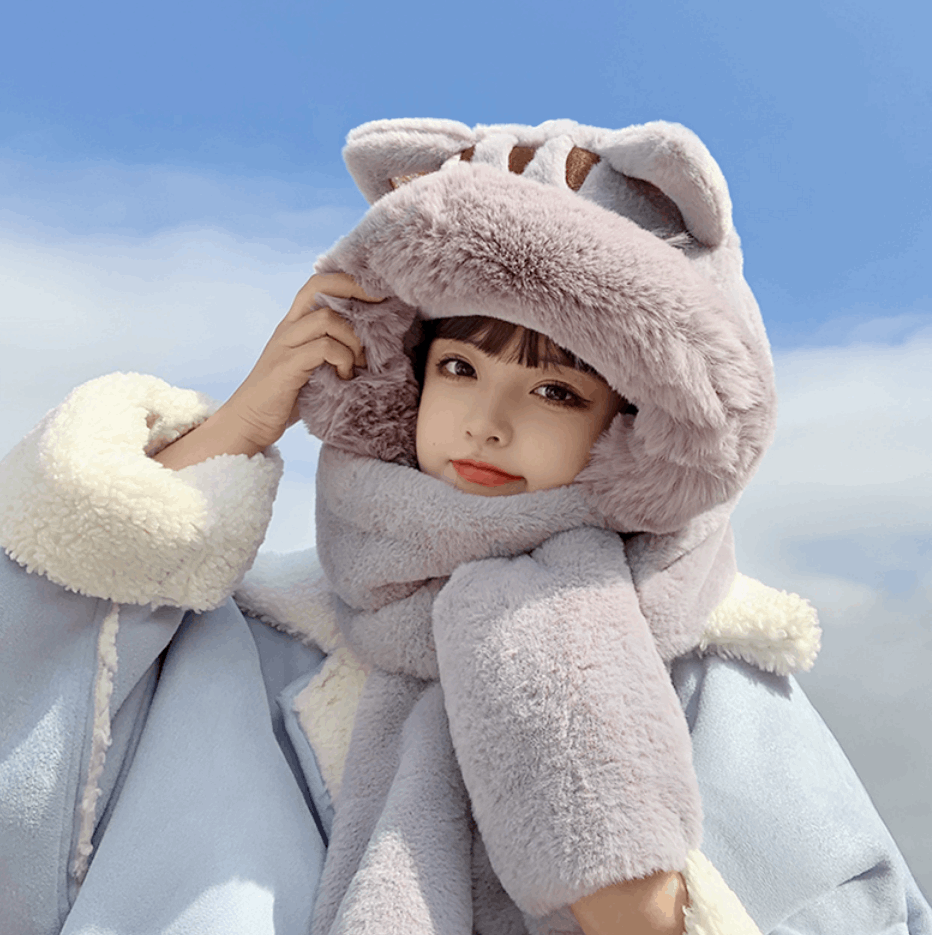 Cute Scarf Bear Cat Kitty Neko Ears Three Piece Sweet Hood Plush Thick Warm Winter Gloves Hat