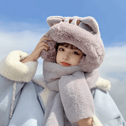 Cute Scarf Bear Cat Kitty Neko Ears Three Piece Sweet Hood Plush Thick Warm Winter Gloves Hat