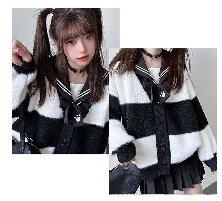 Striped Black and White Cozy Knit Cardigan