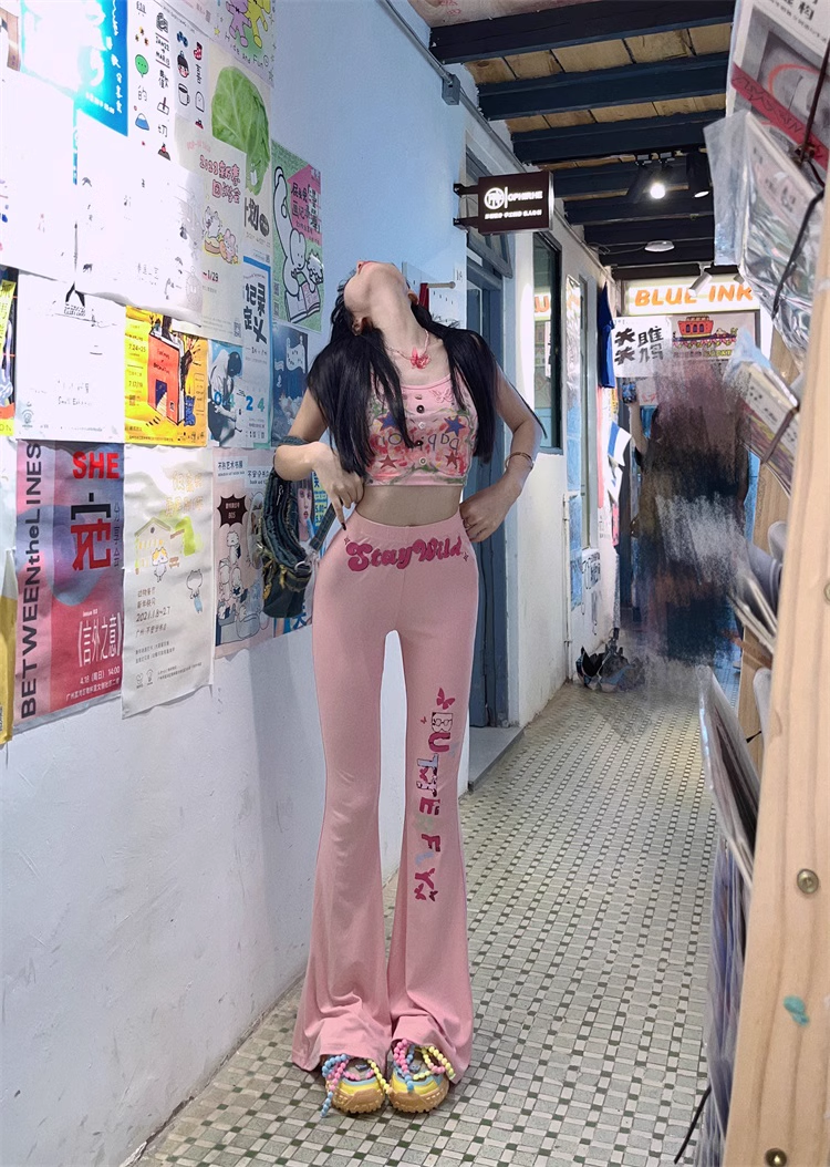 Y2K Sweet Spicy Summer Girl Wild Butterfly Pink Black Casual Pants