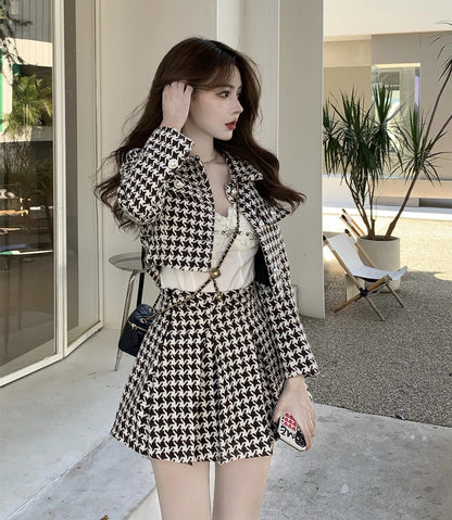 Retro Tweed Black & White Jacket & Skirt Two Piece Set