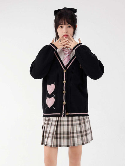 Black Pink Love Heart Emboidery School Girl Japanese Student Autumn Winter Cozy Comfy Knitted Cardigan