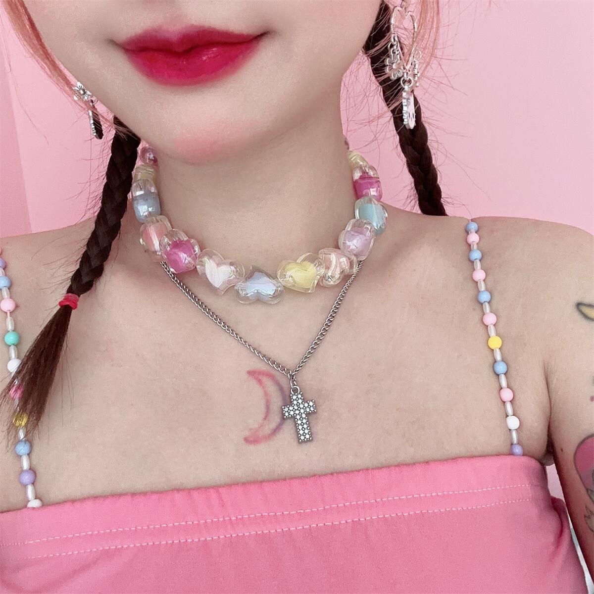 Y2K Harajuku Double Layer Cross Rainbow Colorful Stars Hearts Beads Necklace