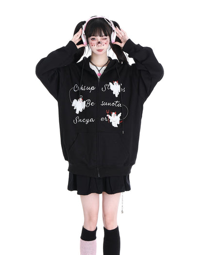 Cute Pink Black Khaki Halloween Ghost Cat Ears Oversize Hoodie Jacket