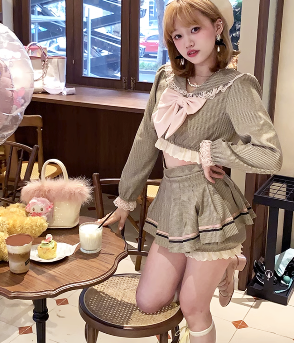 Picnic Girl Gray Pink Bow Sailor Collar Long Sleeve Top Mini Skirt Two Piece Set