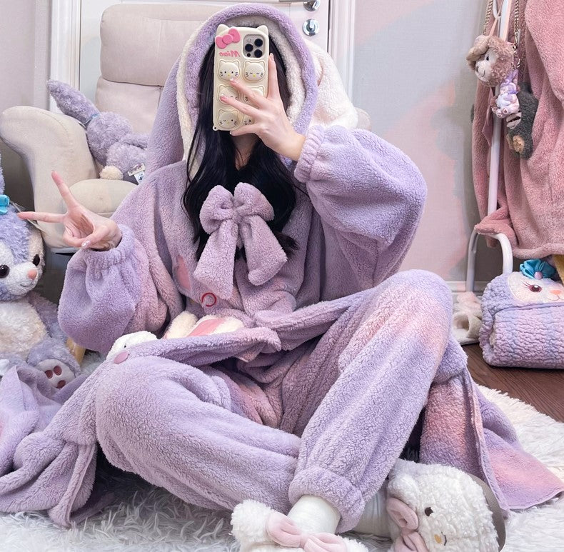 Pink Purple Rabbit Thick Plush Fleece Winter Pajamas Bathrobe & Pants Set