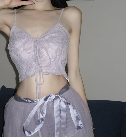 Tutu Balletcore Purple Lace Bow Ribbon Top Skirt Two Piece Set