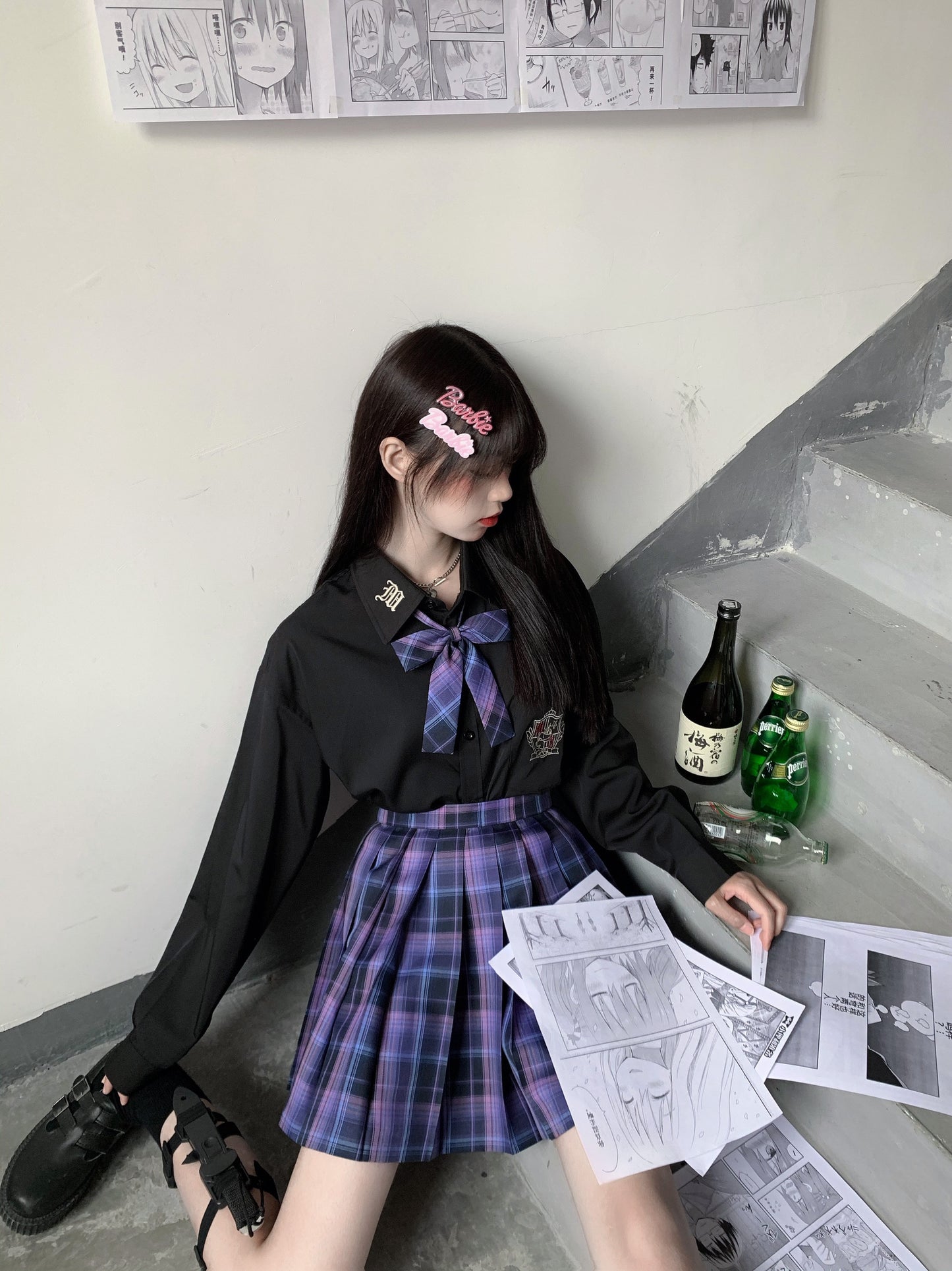 Mystery Dream Black Purple Plaid Pattern Japanese School Student Uniform Seifuku Mini Skirt