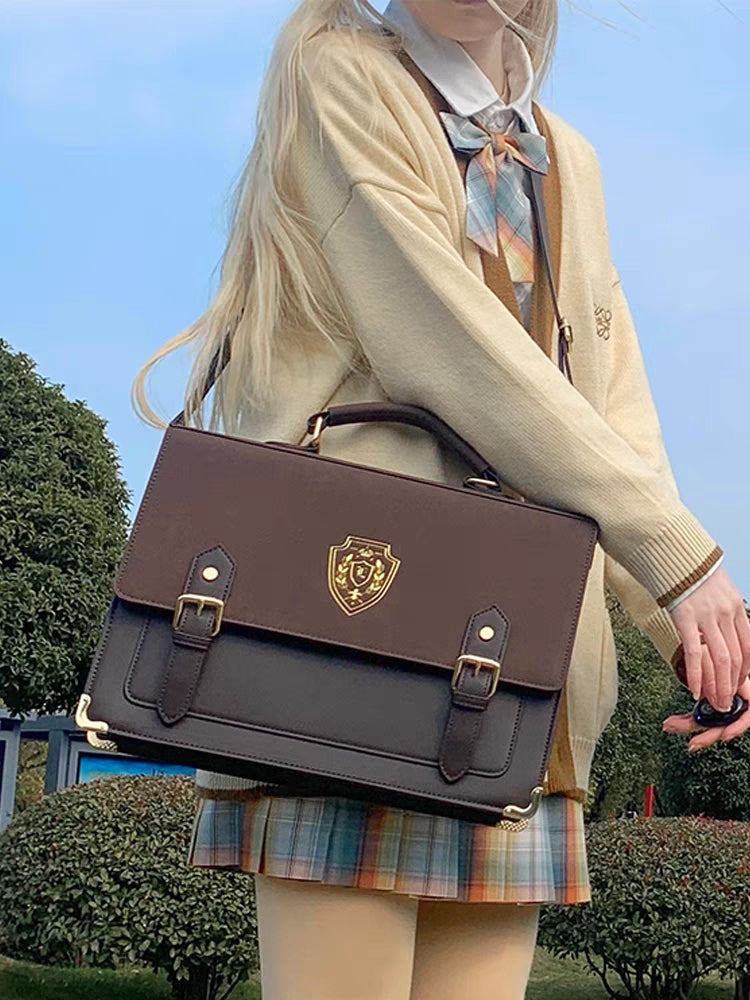 Retro Vintage Student Brown Black Leather Crown Crest Academia School College Briefcase Work Bag